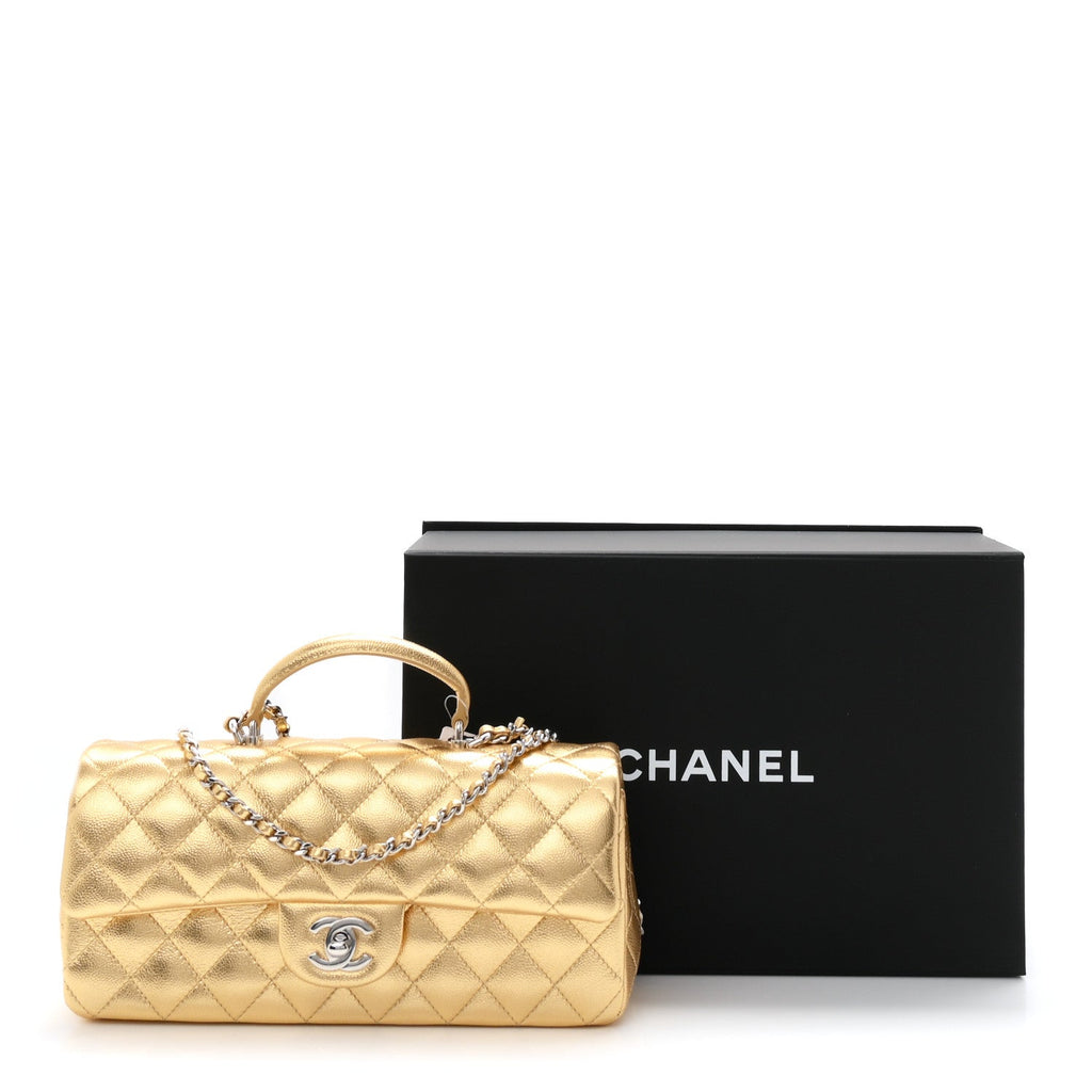 Metallic Caviar Quilted Top Handle East West Flap Gold