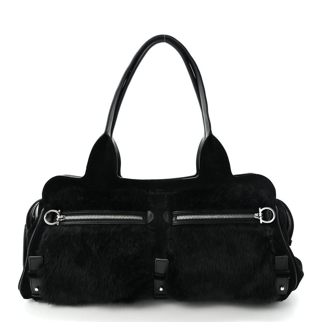 Fur Calfskin Suede Top Handle East West Tote Bag Black
