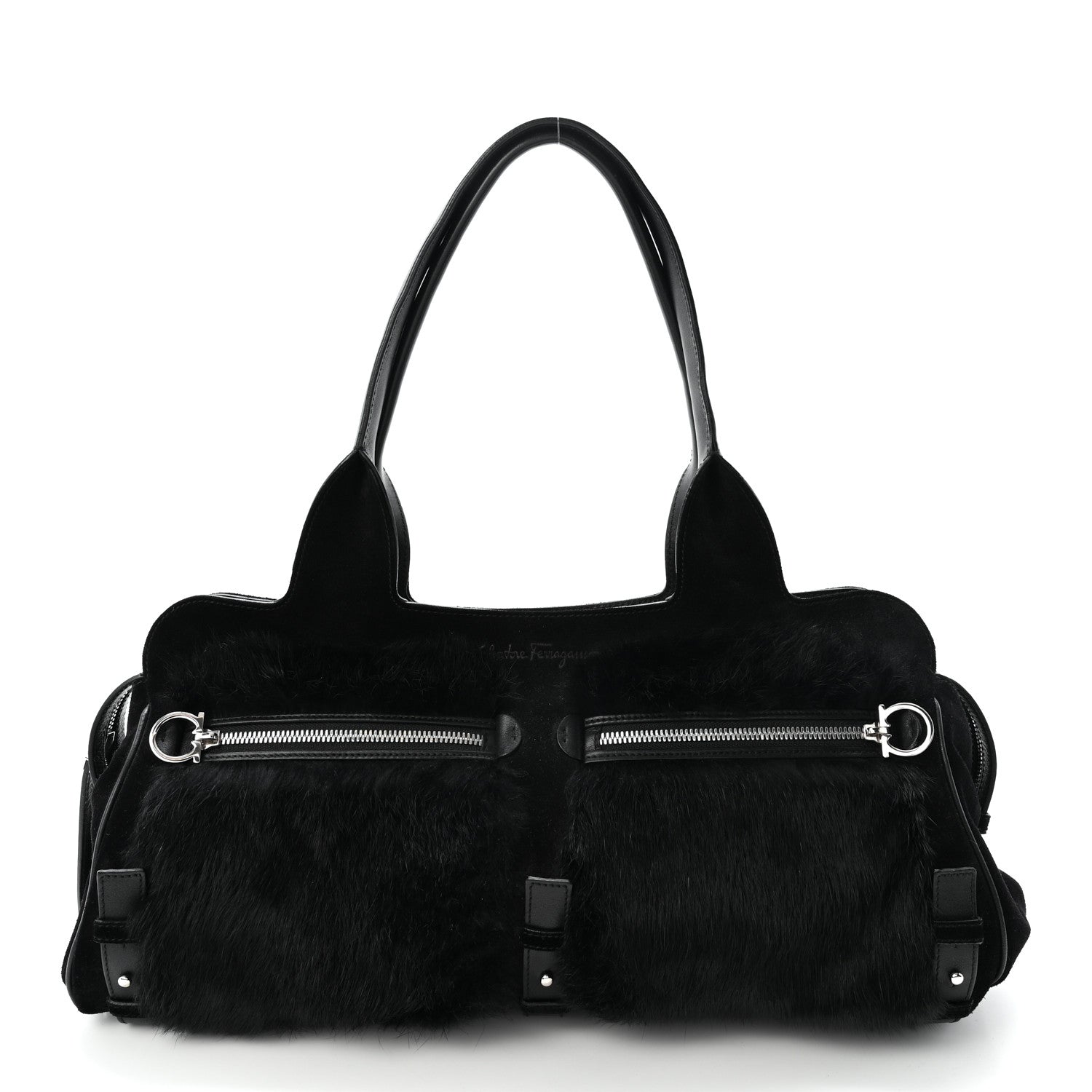 Fur Calfskin Suede Top Handle East West Tote Bag Black