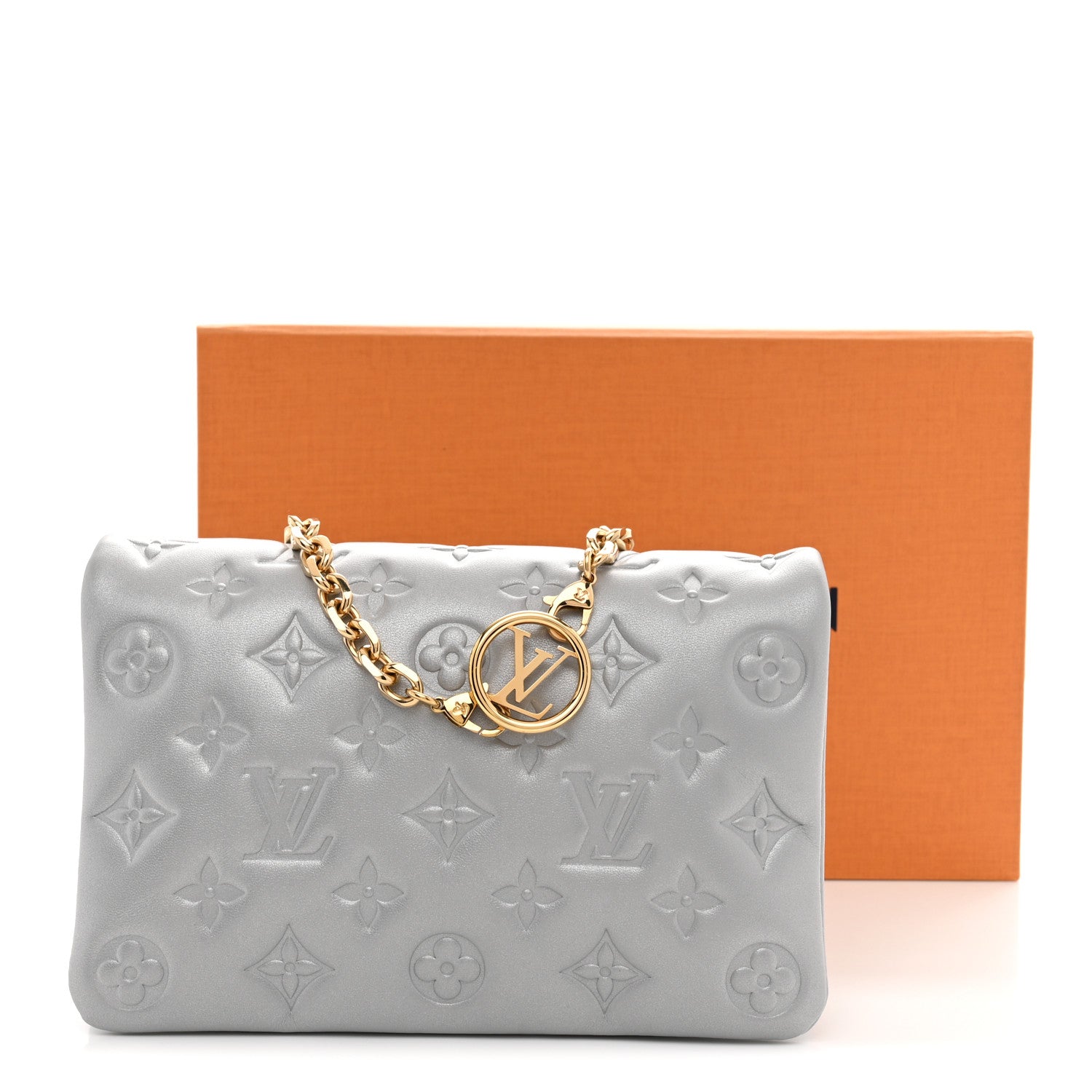 Metallic Lambskin Embossed Monogram Pochette Coussin Silver