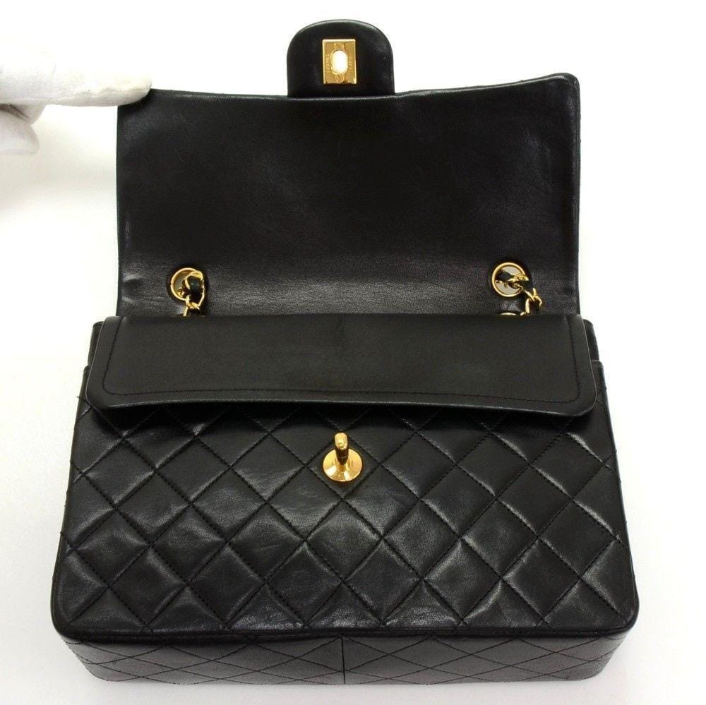 CHANEL 2.55 10" Tall Double Flap Black Quilted Leather Shoulder Bag Vintage
