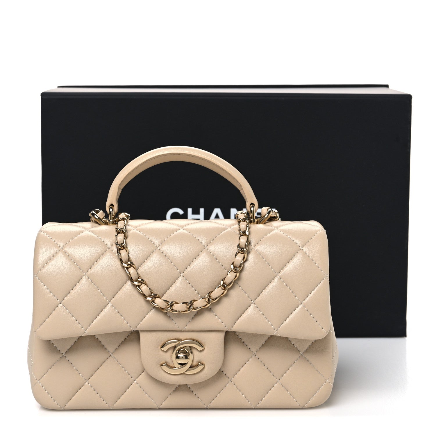 Lambskin Quilted Mini Top Handle Rectangular Flap Beige