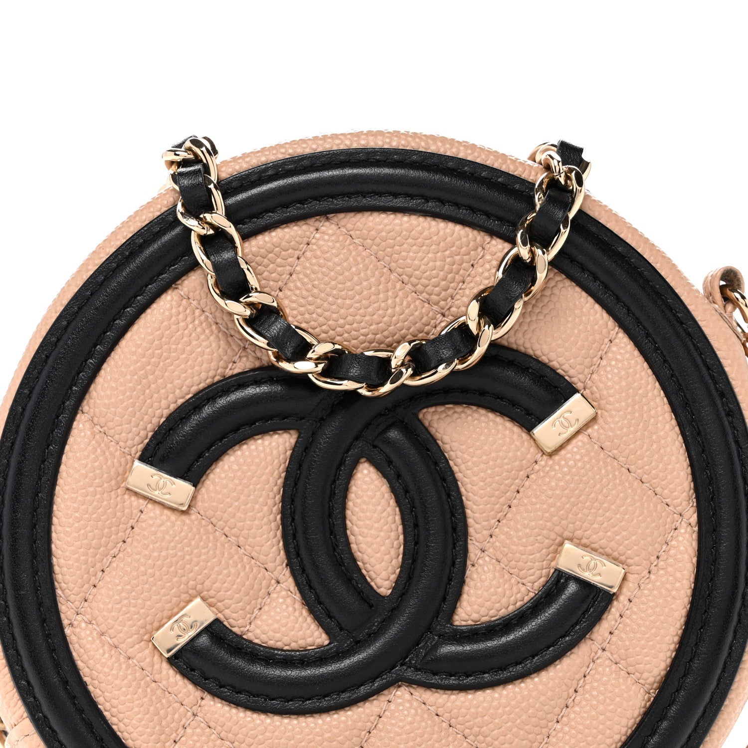 Caviar Quilted Round Filigree Crossbody Beige Black