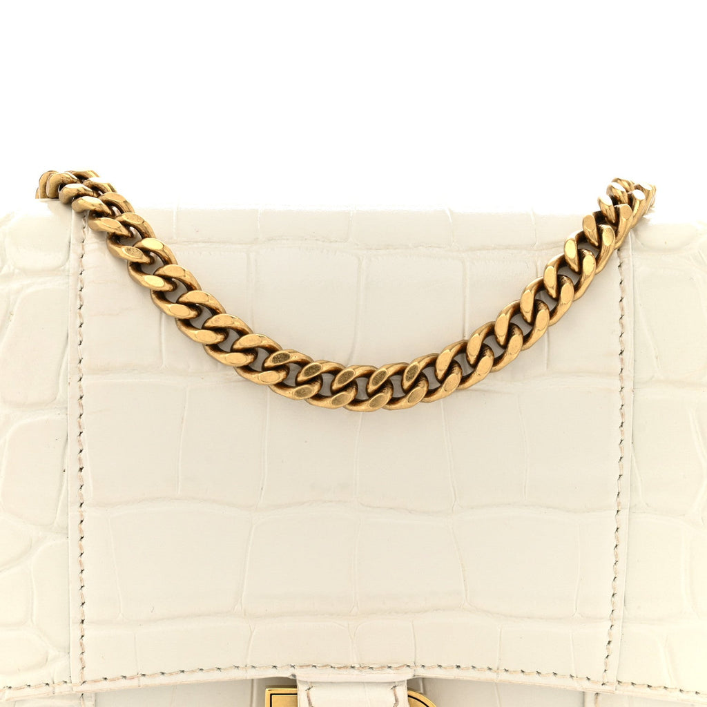 Shiny Calfskin Crocodile Embossed Hourglass Chain Bag White