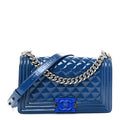 Patent Calfskin Quilted Medium Plexiglass Boy Flap Blue
