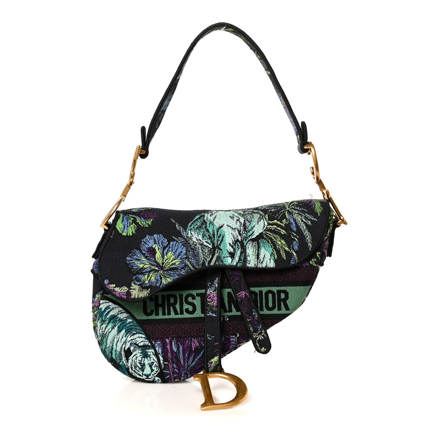 Canvas Embroidered Petites Fleurs Saddle Bag Black Multicolor