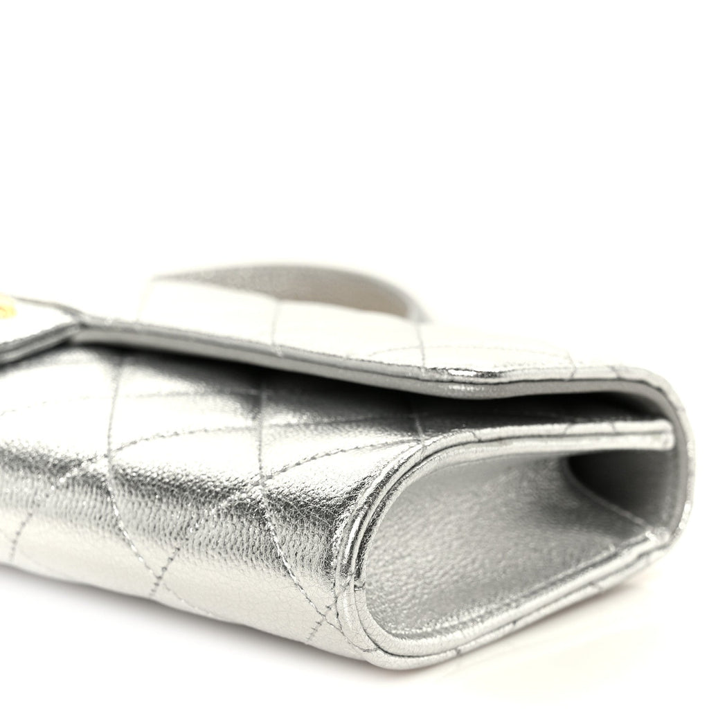 Metallic Caviar Quilted Top Handle Long Clutch With Chain Silver
