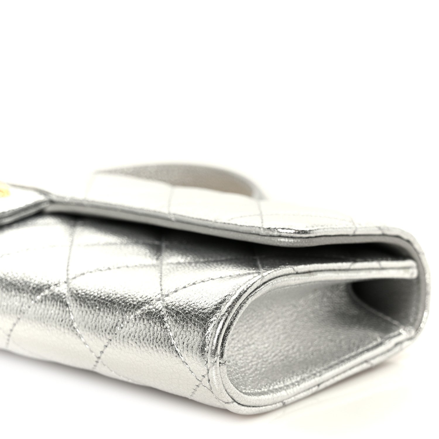 Metallic Caviar Quilted Top Handle Long Clutch With Chain Silver
