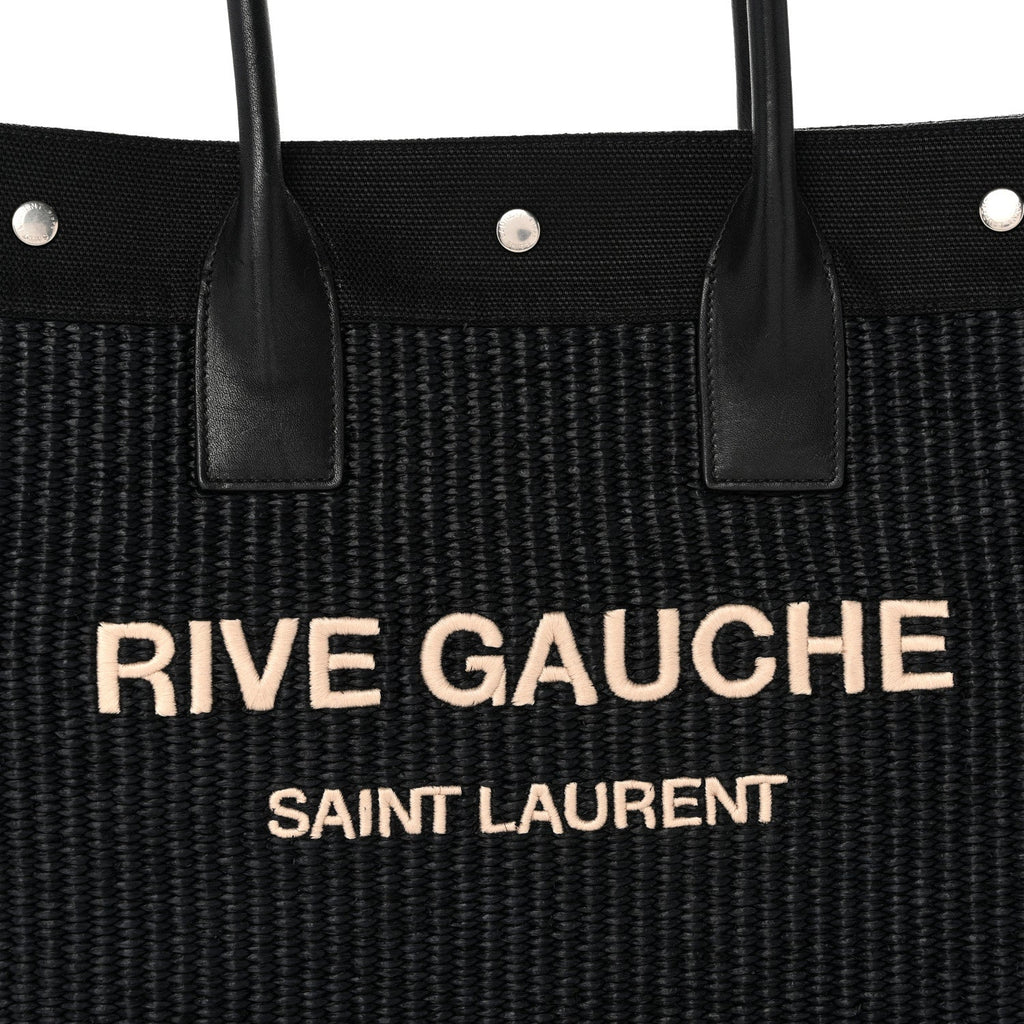 Raffia Linen Calfskin Small Rive Gauche Tote Black