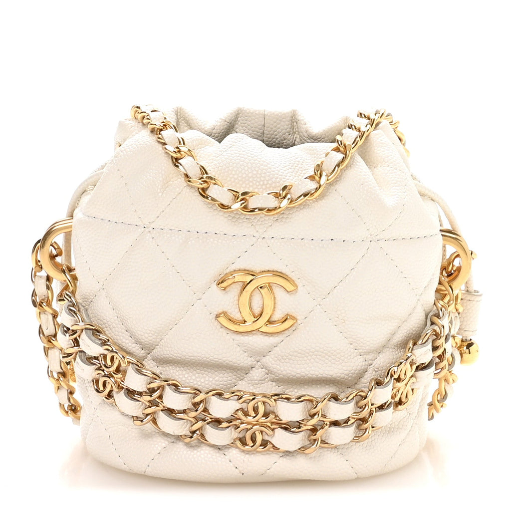 Caviar Quilted Coco First Bucket Clutch With Chain White