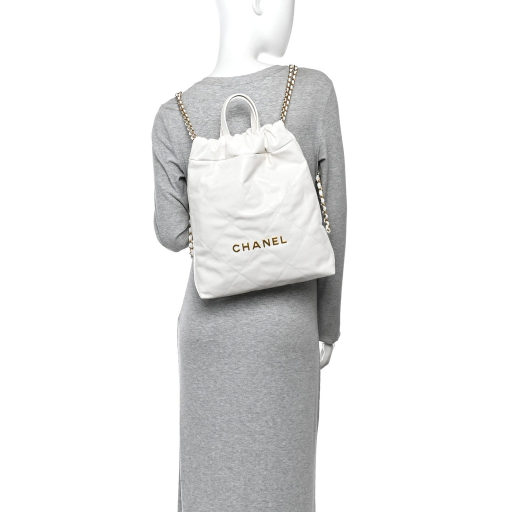Shiny Calfskin Quilted Chanel 22 Backpack White