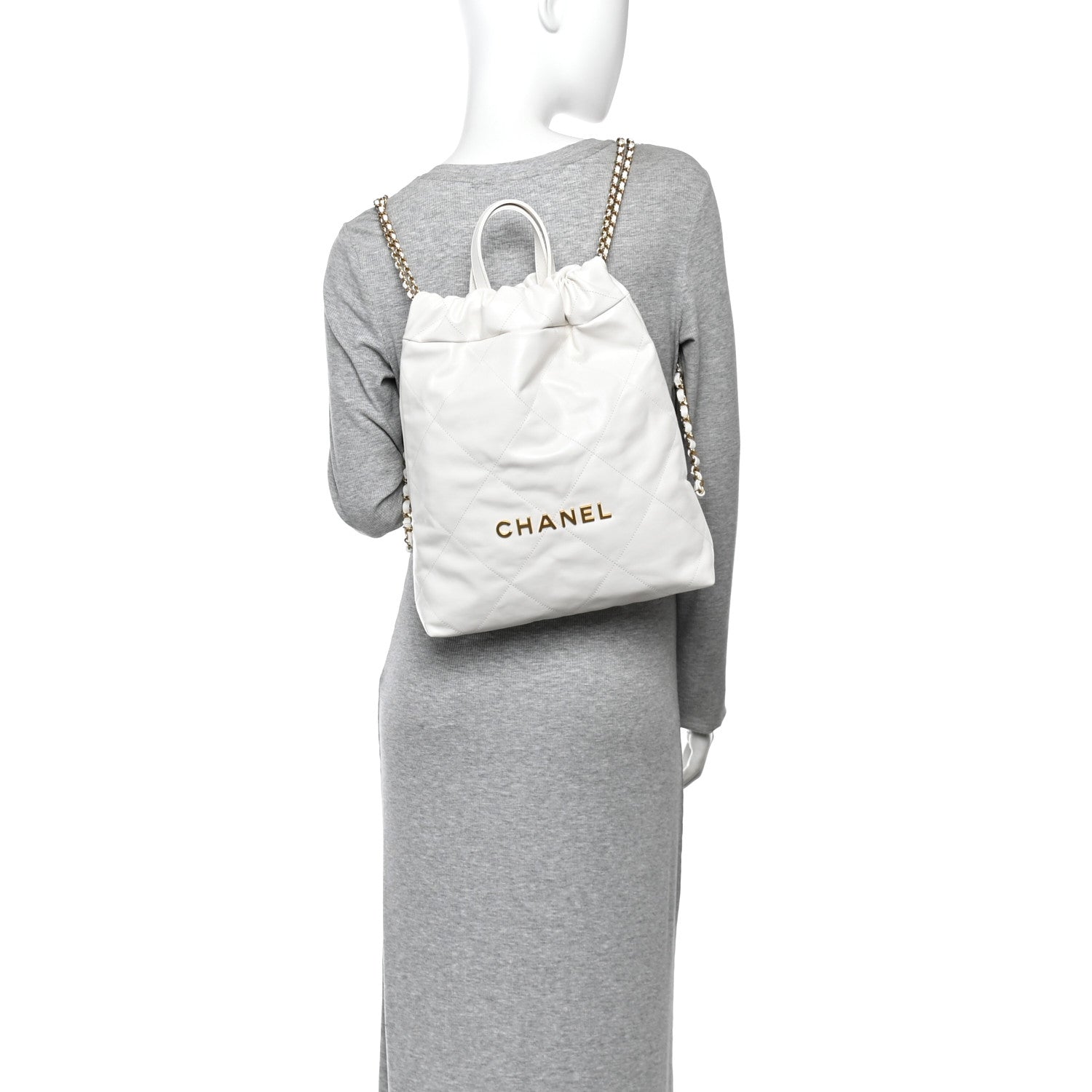 Shiny Calfskin Quilted Chanel 22 Backpack White