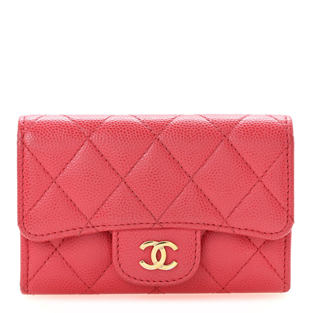 Caviar Quilted Flap Card Holder Wallet Dark Pink