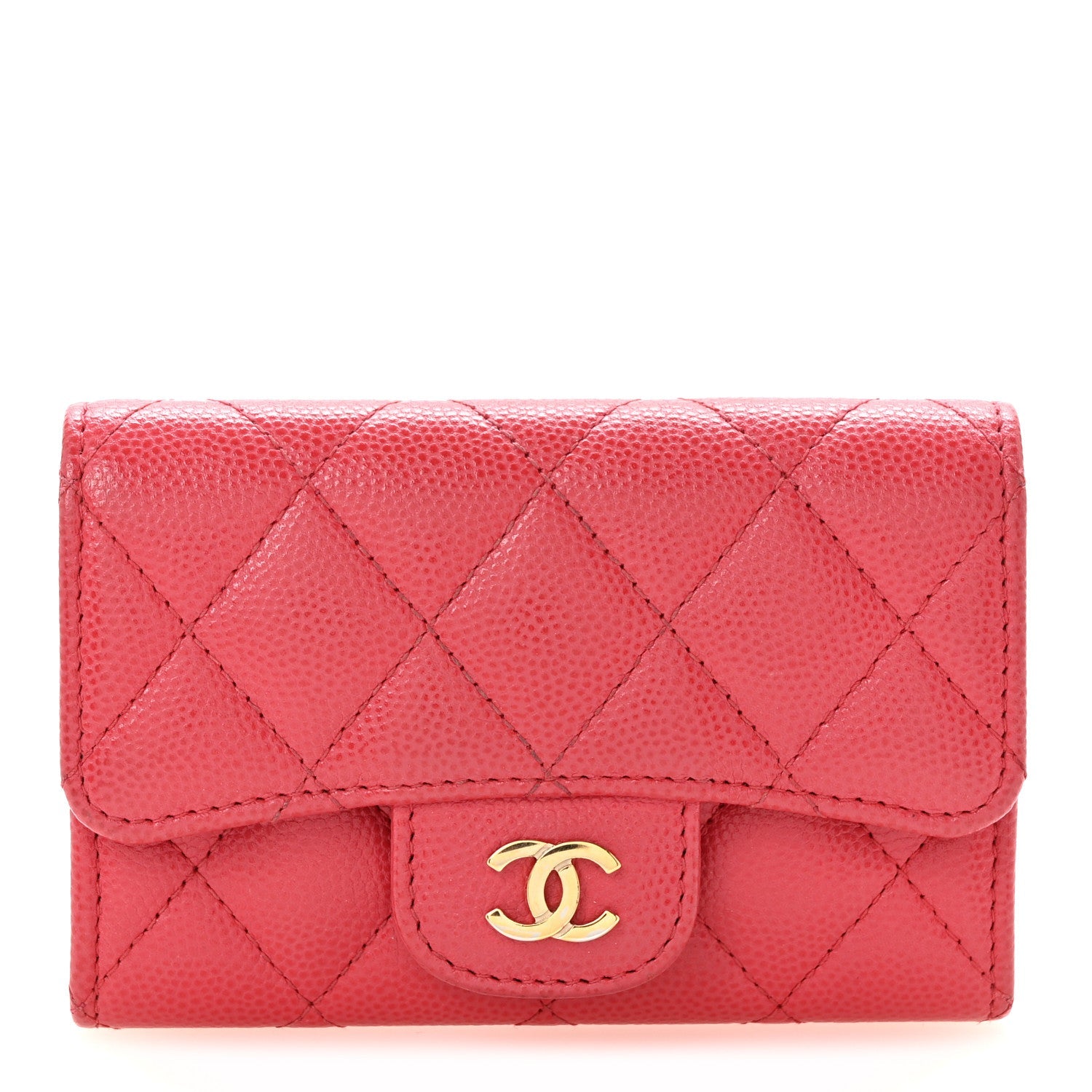 Caviar Quilted Flap Card Holder Wallet Dark Pink