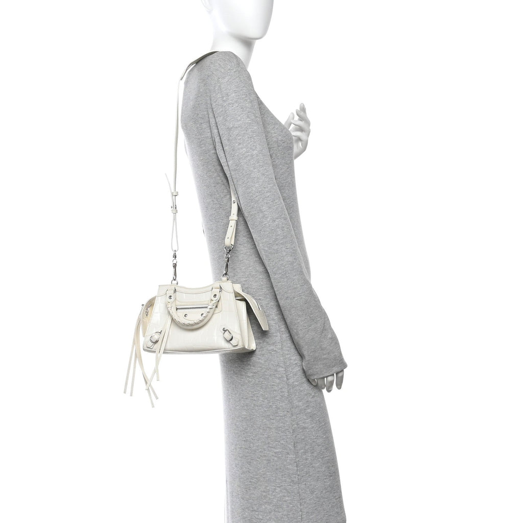 Semi Shiny Calfskin Crocodile Embossed Neo Classic Silver Hardware Nano City Crossbody White