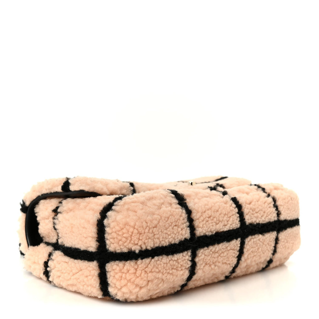 Shearling Lambskin Large Fluffy Tartan Single Flap Pink Black
