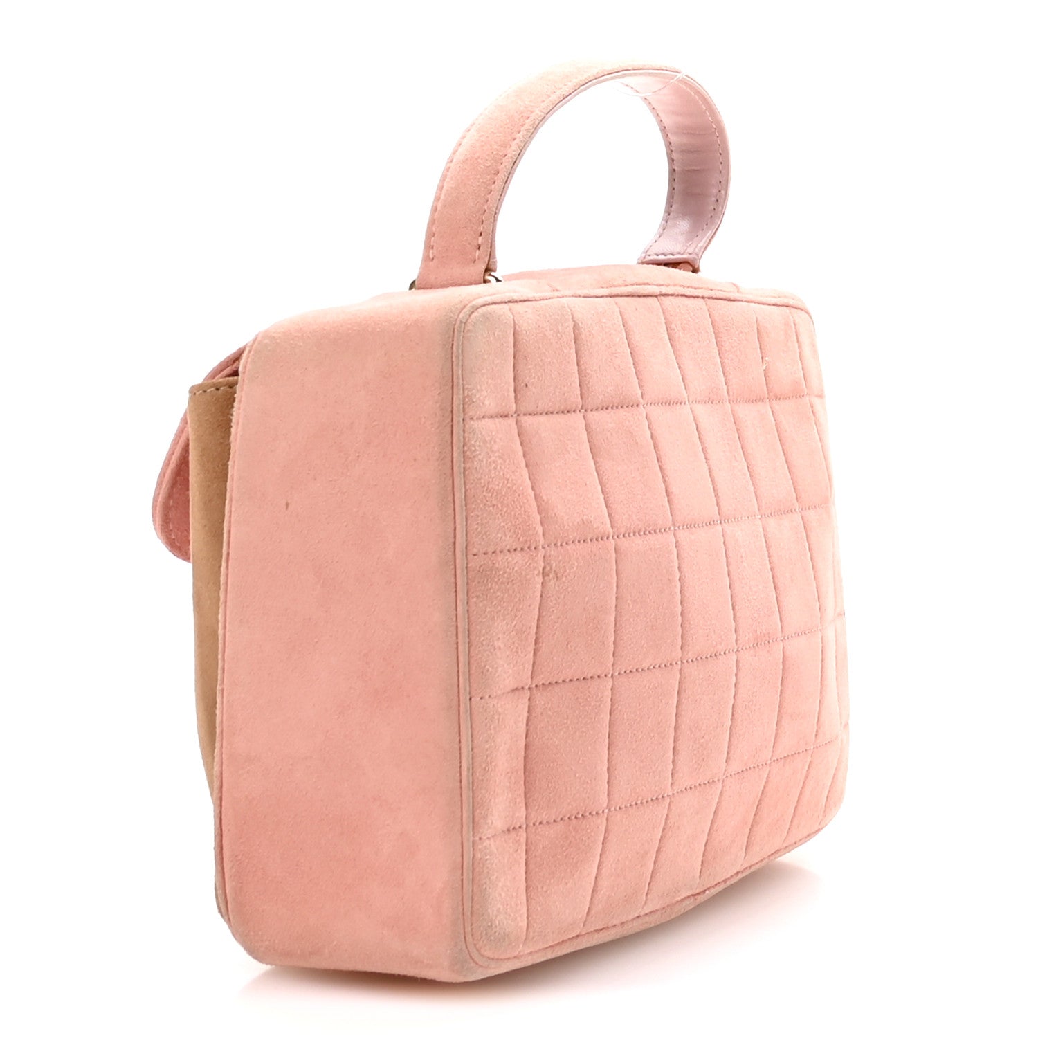 Suede Chocolate Bar Top Handle Flap Pink Beige