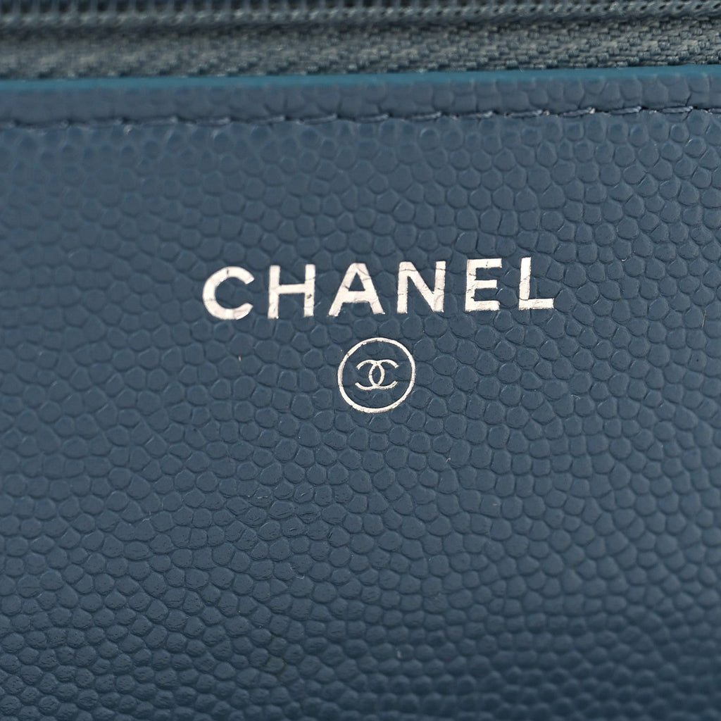 Shiny Caviar Quilted Enamel CC Wallet On Chain WOC Blue