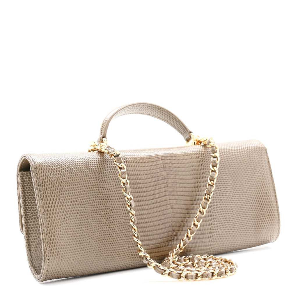 Calfskin Lizard Embossed Clutch With Chain Dark Khaki