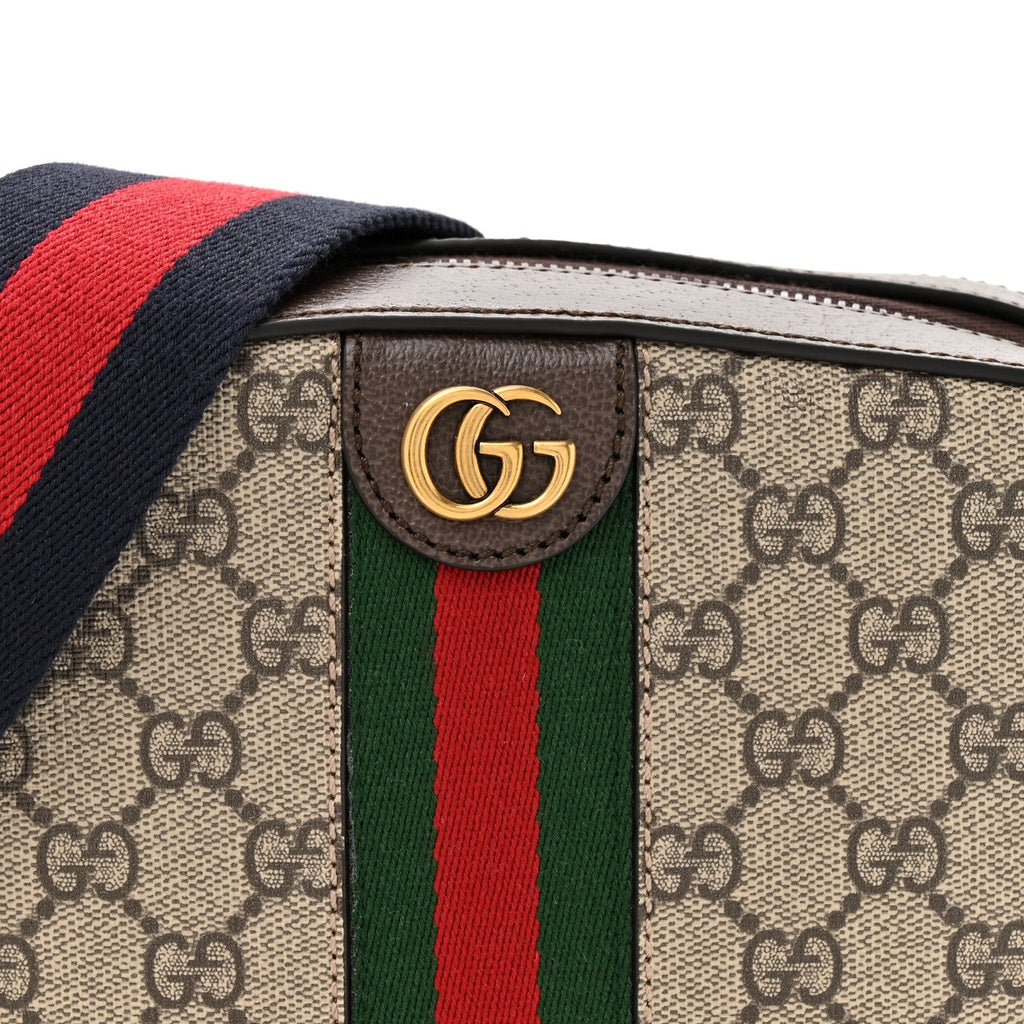 GG Supreme Monogram Textured Dollar Calfskin Web Ophidia Small Crossbody Bag Beige Ebony New Acero