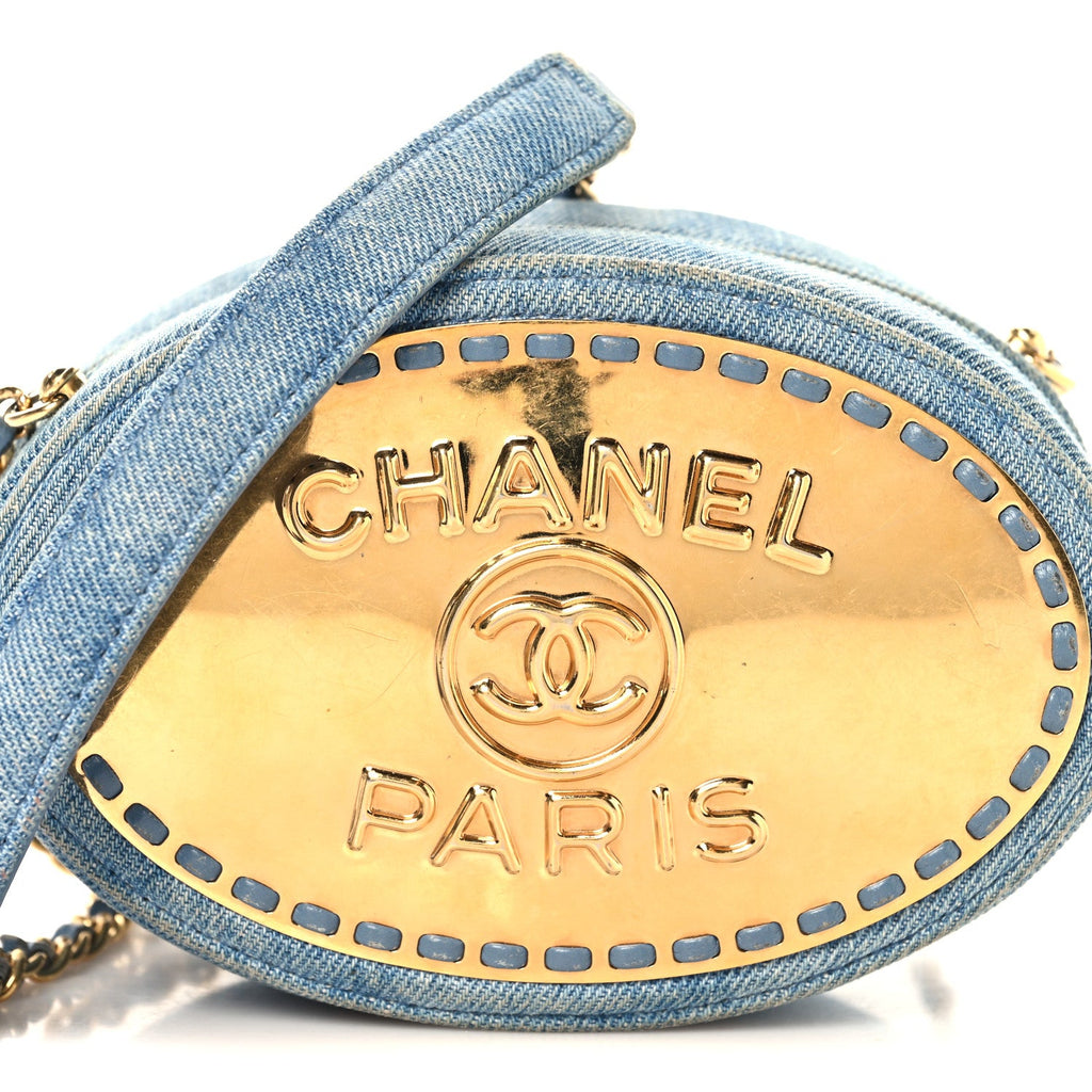 Denim Printed Chain Clutch Dark Blue