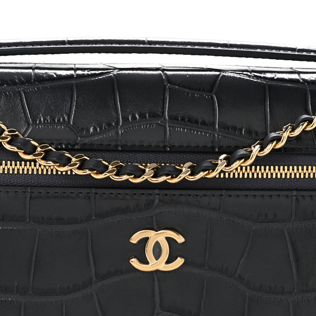 Calfskin Crocodile Embossed Top Handle Vanity Case With Chain Blurgundy Grey
