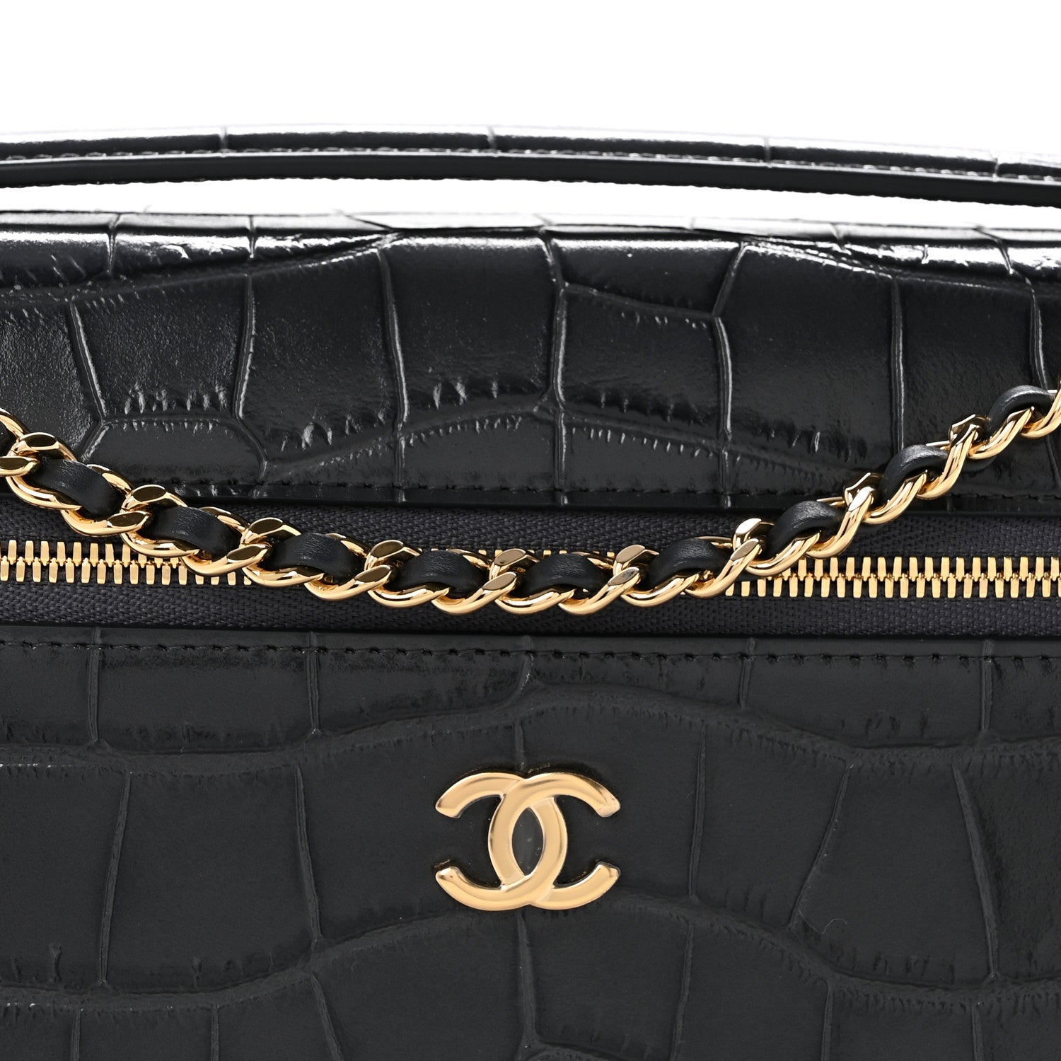 Calfskin Crocodile Embossed Top Handle Vanity Case With Chain Blurgundy Grey