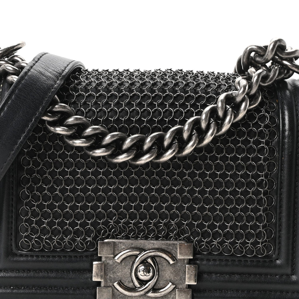 Lambskin Quilted Small Chain Mail Boy Flap Black