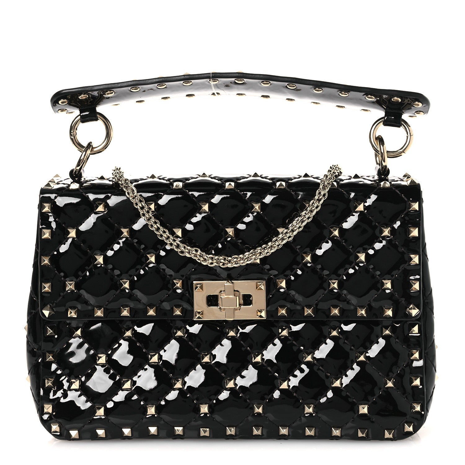 Patent Medium Rockstud Spike Shoulder Bag Black