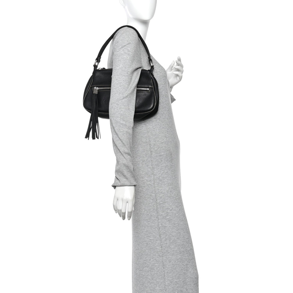 Grained Calfskin Tassel Shoulder Bag Black