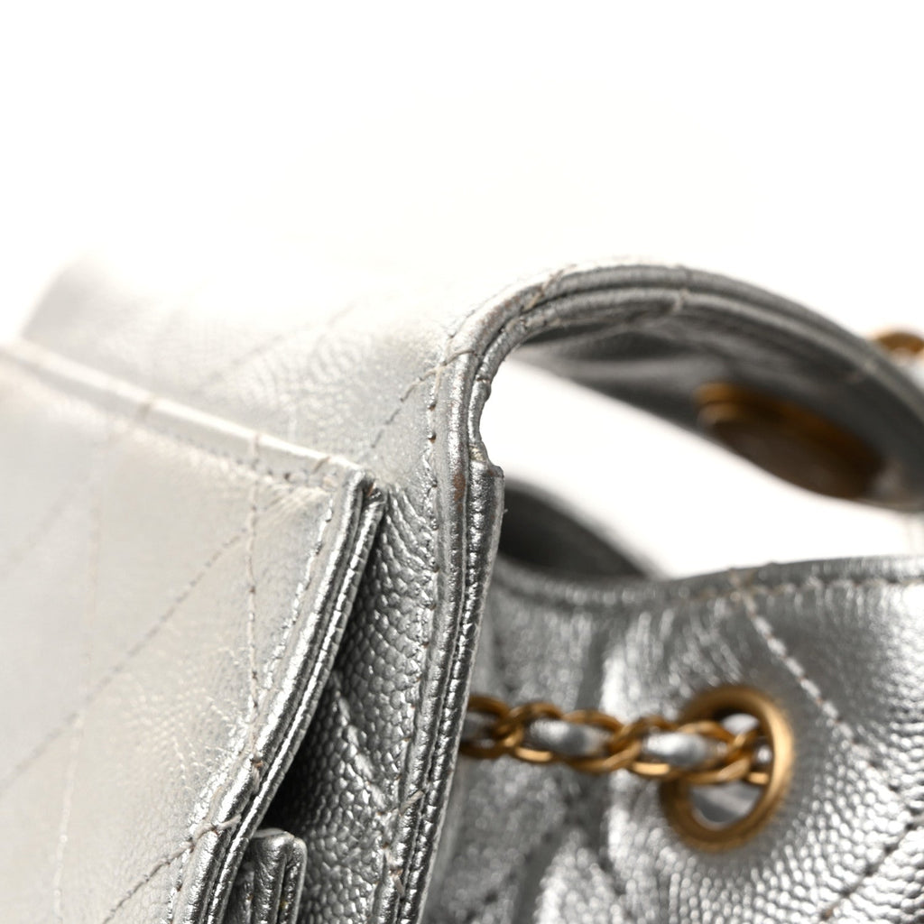 Metallic Caviar Quilted Small Chanel 25 Handbag Silver