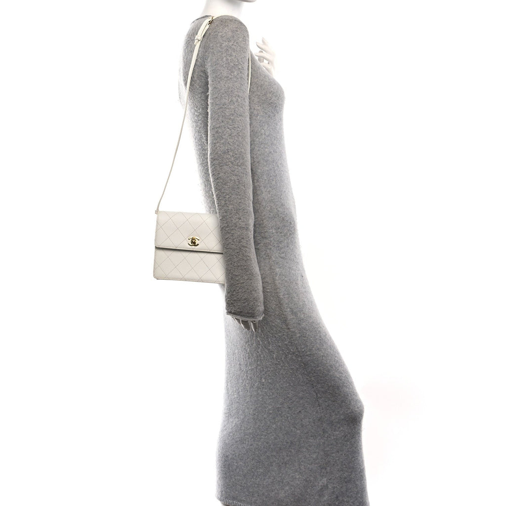 Caviar Diamond Stitched Square Flap Shoulder Bag White