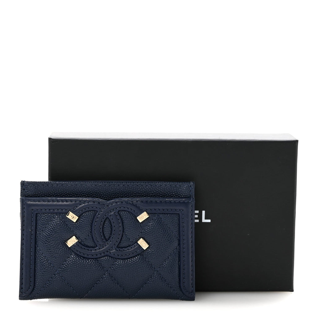 Caviar Quilted Filigree Card Holder Navy Blue