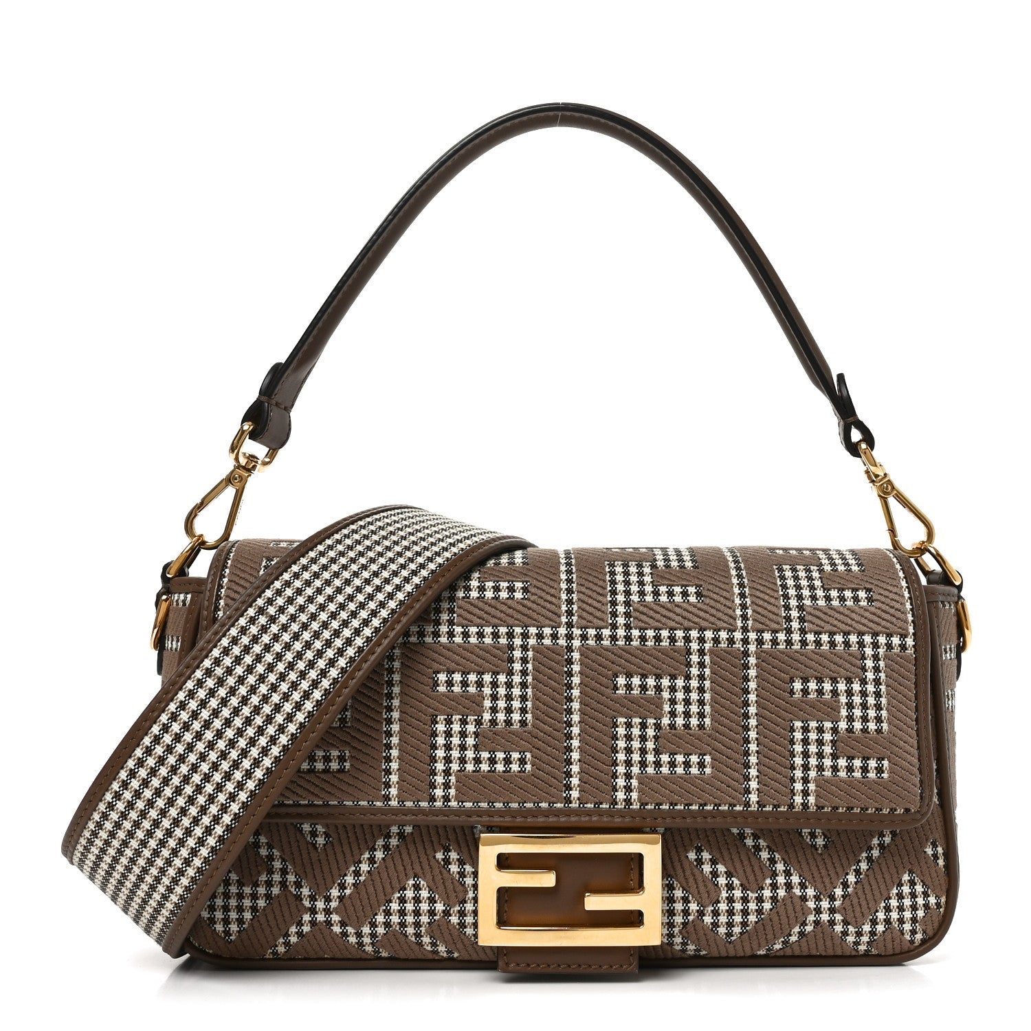 Wool Vitello King Houndstooth FF Embroidered Baguette Beige Moro