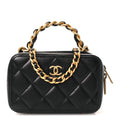 Lambskin Quilted Top Handle Mini Vanity Case Black
