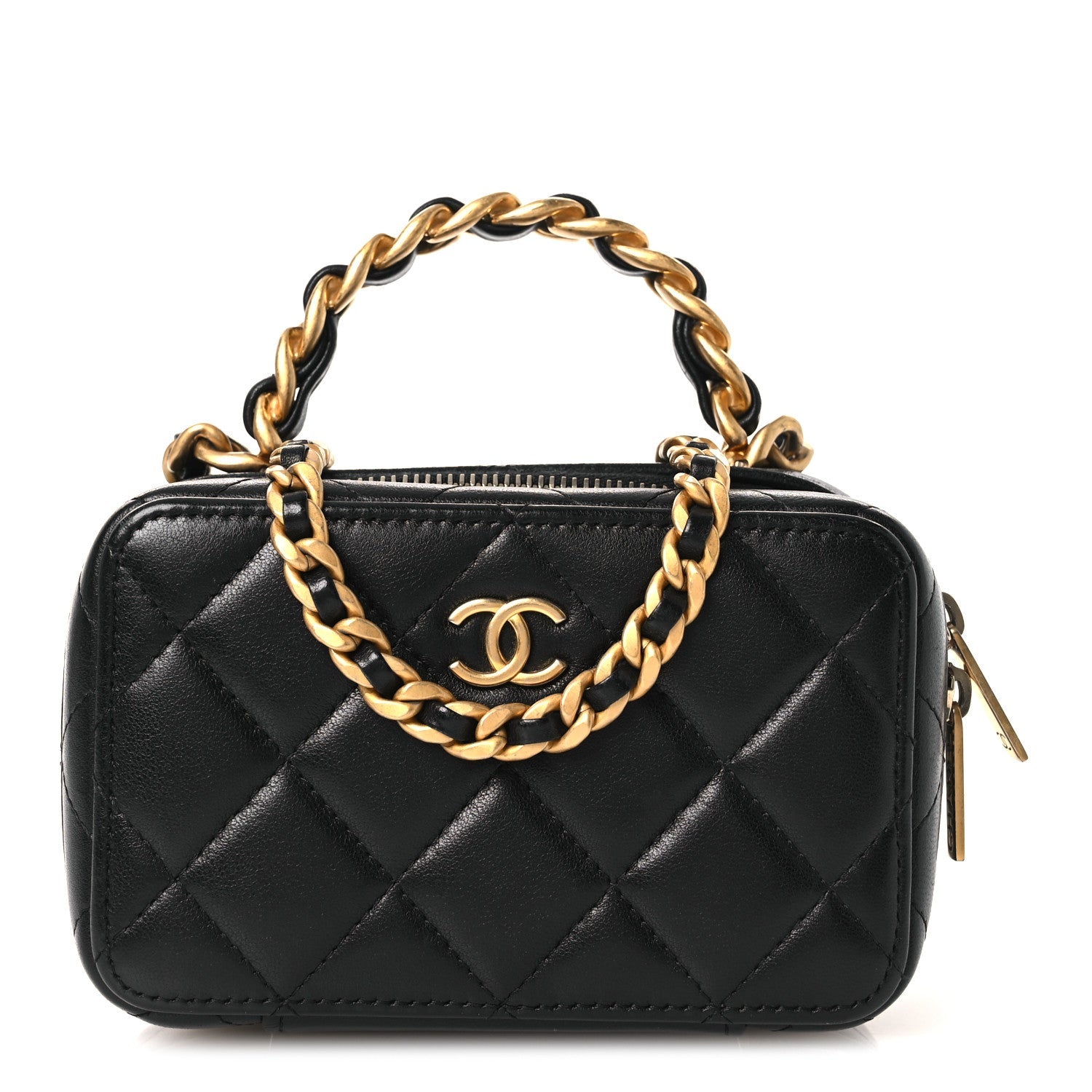 Lambskin Quilted Top Handle Mini Vanity Case Black