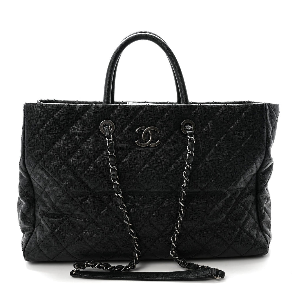 Caviar Quilted Large Coco Handle Shopping Tote Black