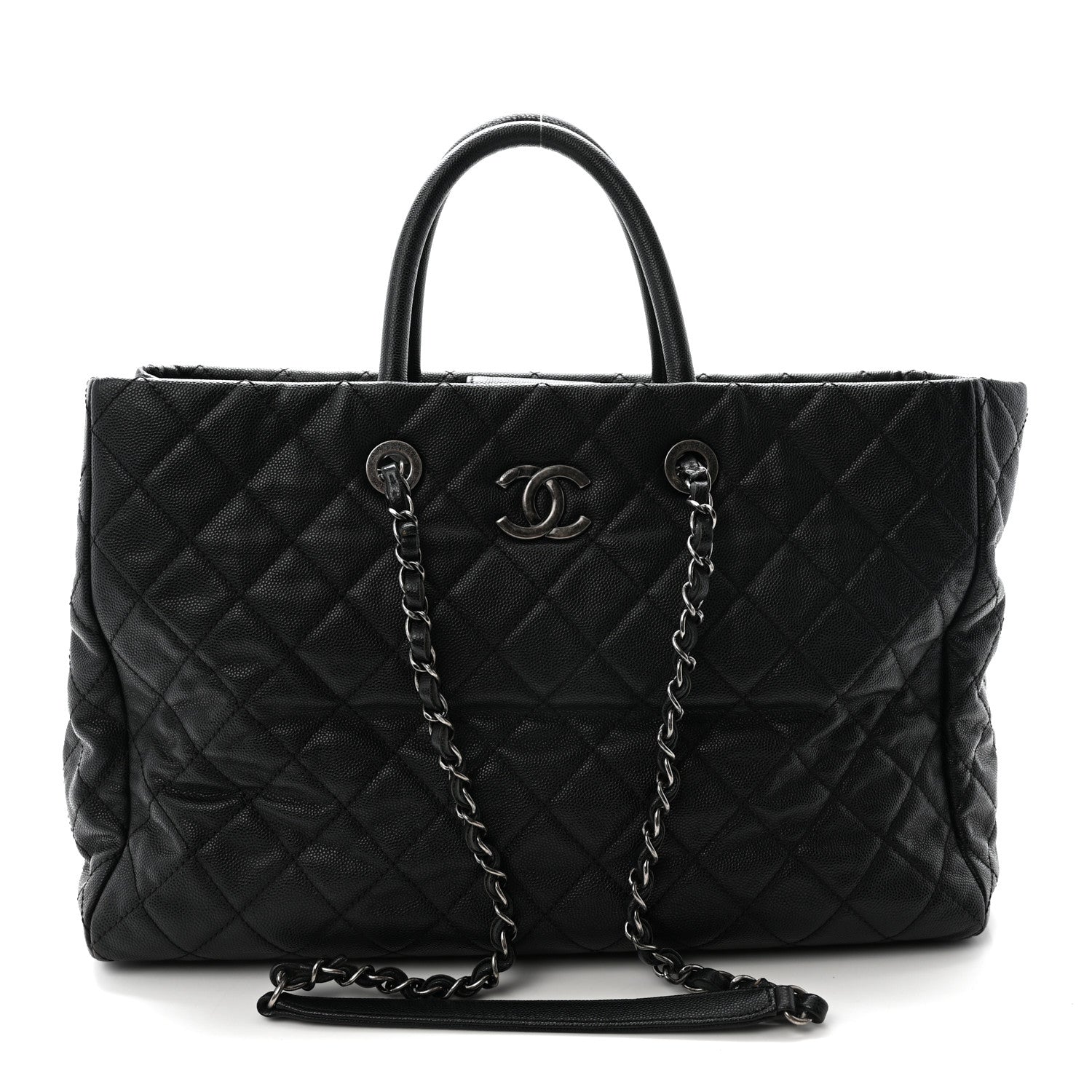 Caviar Quilted Large Coco Handle Shopping Tote Black