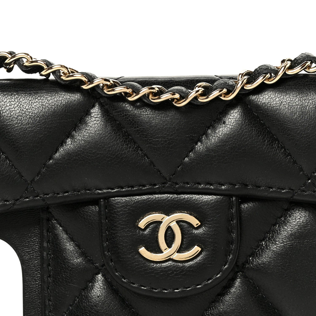 Lambskin Quilted Pearl Crush iPhone XII Pro Holder With Chain Black