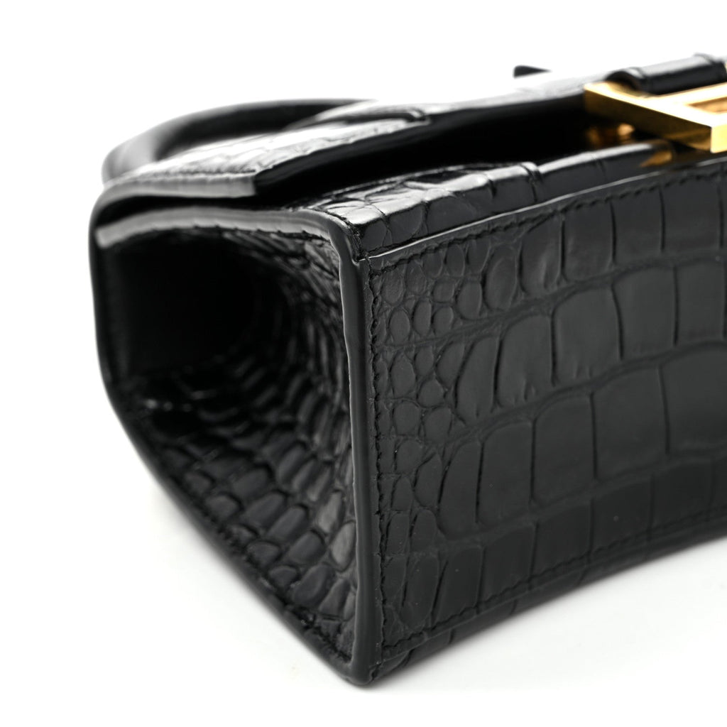 Shiny Calfskin Crocodile Embossed Hourglass Top Handle Bag XS Black