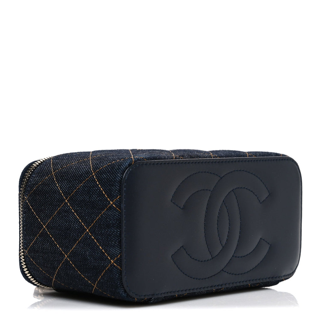 Denim Quilted Small Vanity Case With Chain Dark Blue Orange