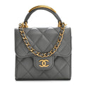 Lambskin Quilted Metal Top Handle Flap Clutch With Chain Grey