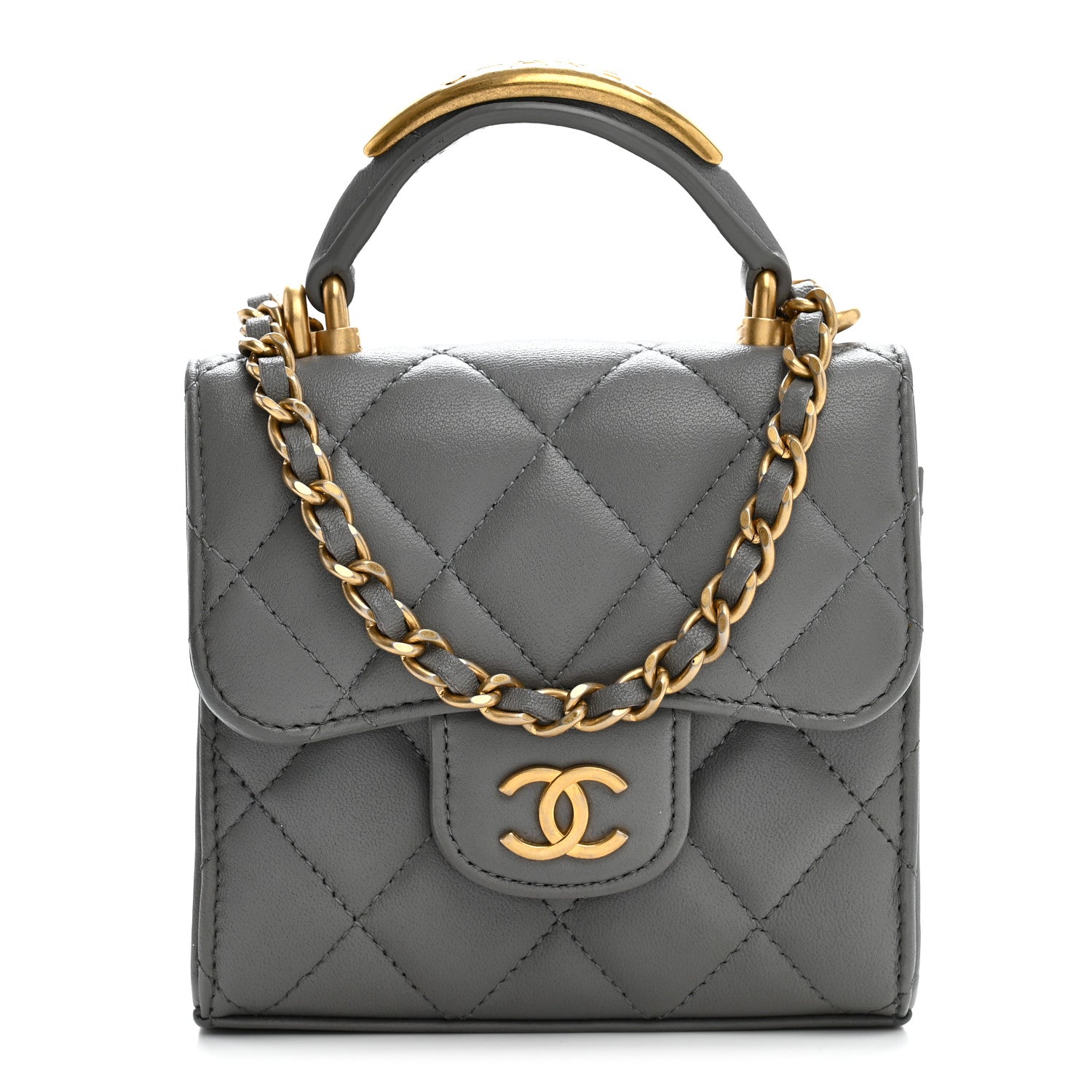 Lambskin Quilted Metal Top Handle Flap Clutch With Chain Grey