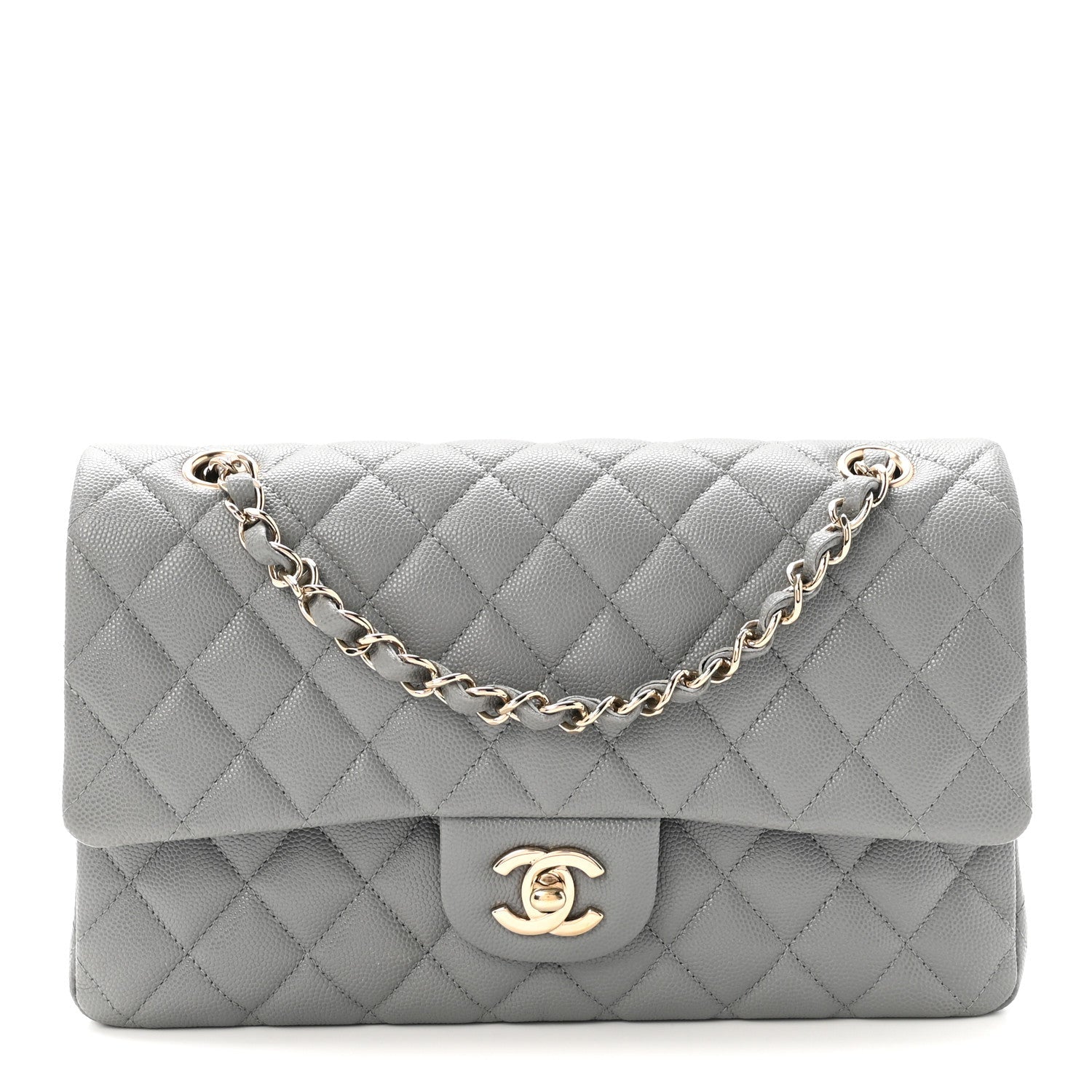 Caviar Quilted Medium Double Flap Grey