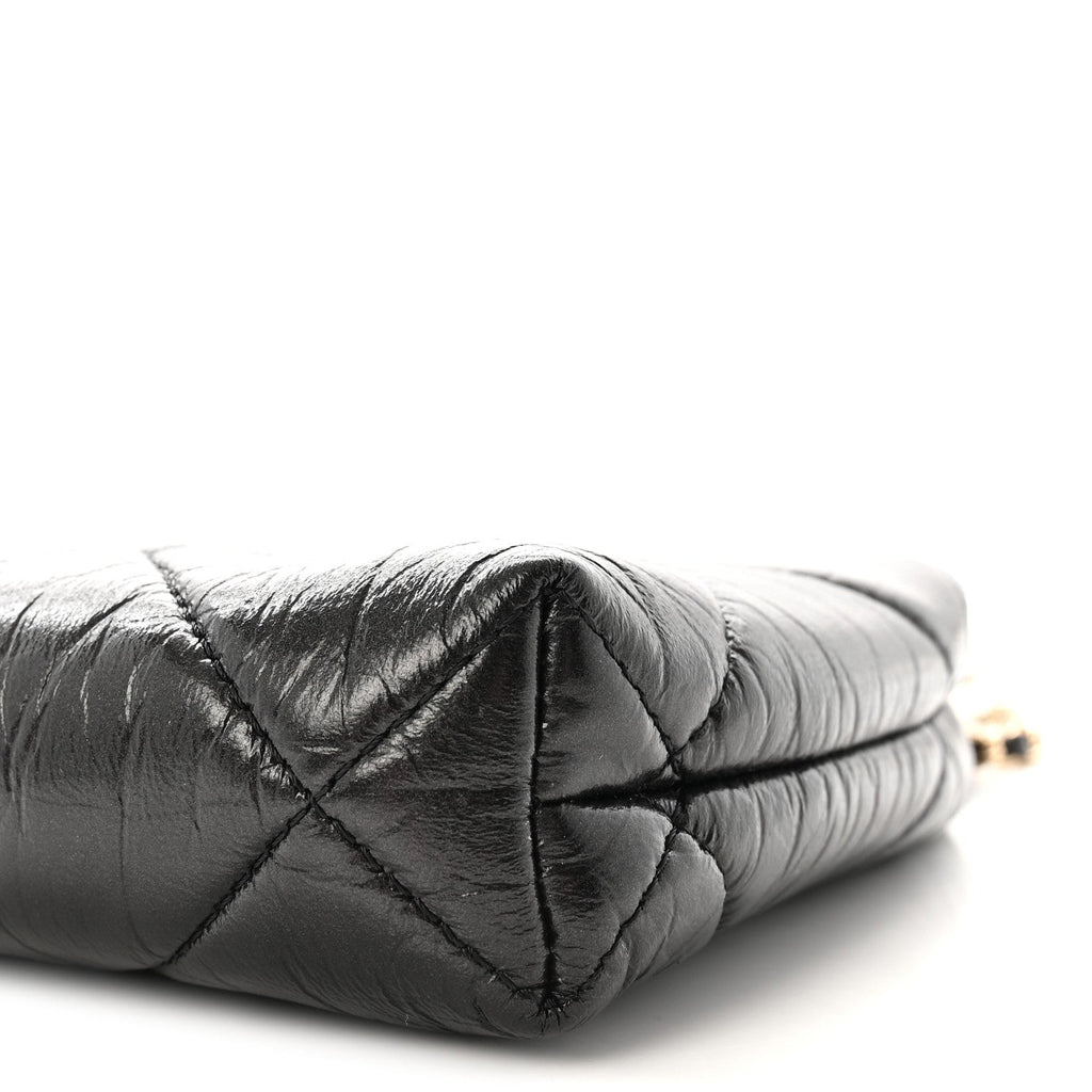 Shiny Aged Lambskin Quilted Kiss Lock Clutch With Chain Black