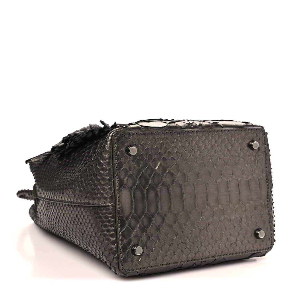 Metallic Snakeskin Small Double Tassel Bucket Bag Silver