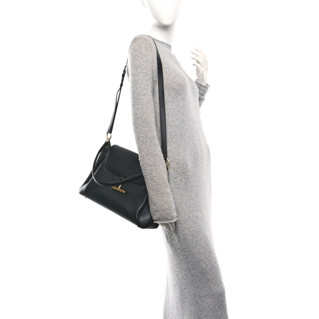 Natural Grain Calfskin Tara Medium Shoulder Bag Black