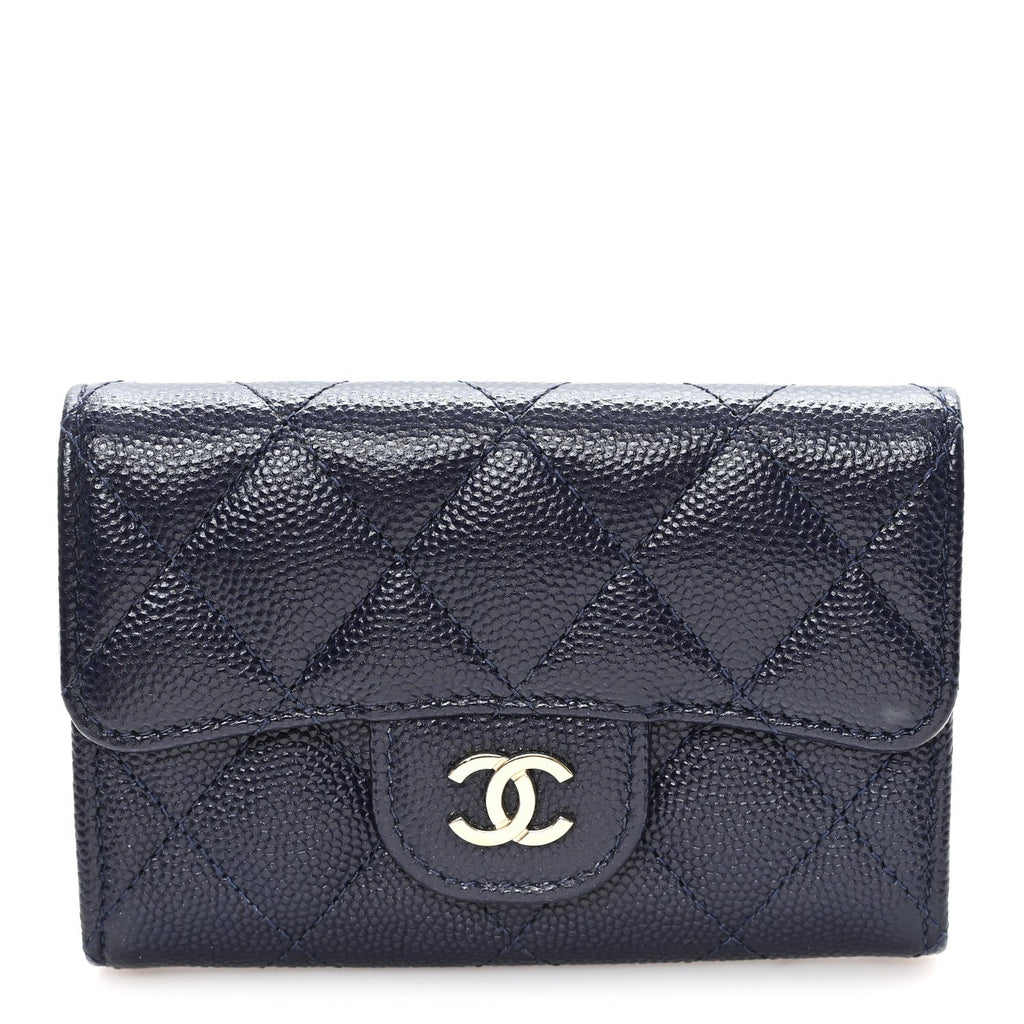 Caviar Quilted Flap Card Holder Navy Blue