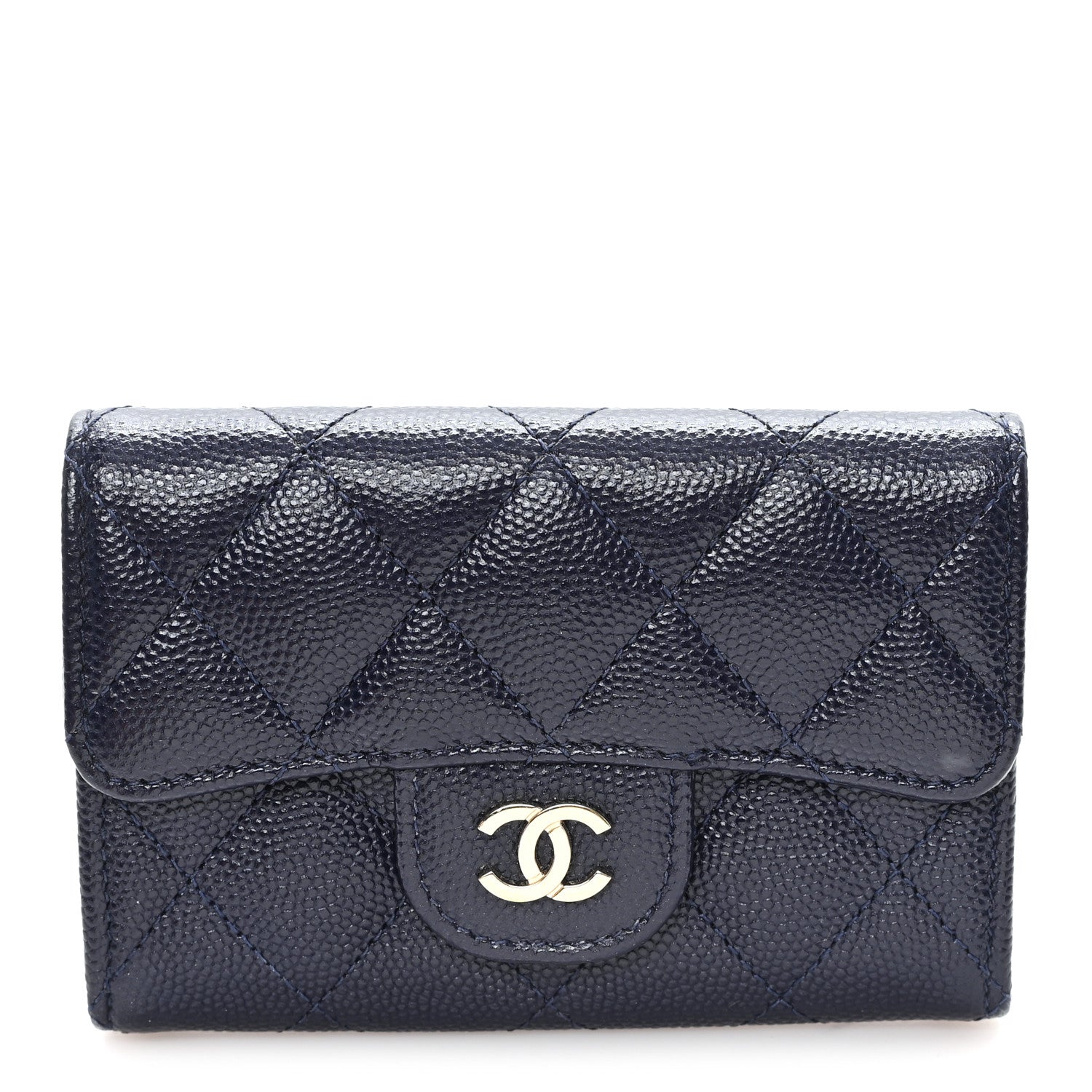 Caviar Quilted Flap Card Holder Navy Blue