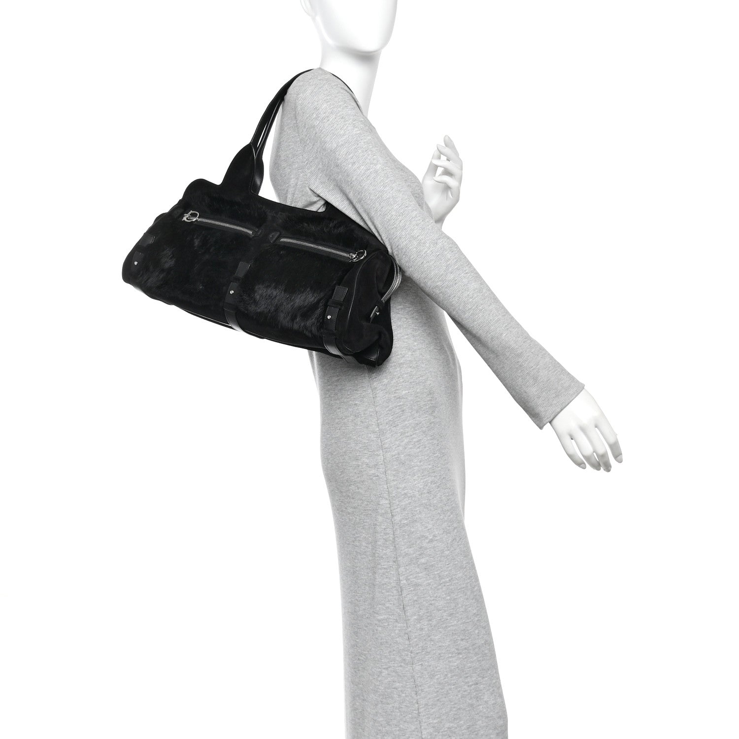 Fur Calfskin Suede Top Handle East West Tote Bag Black